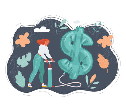 Vector illustration of woman is pumping up inflatable dollar symbol on dark background.
