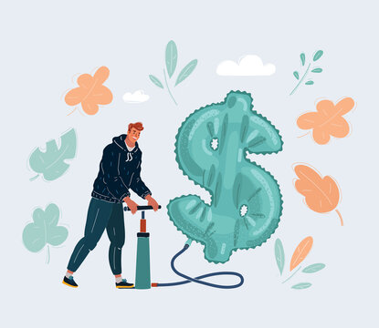 Vector illustration of woman is pumping up inflatable dollar symbol on white background.