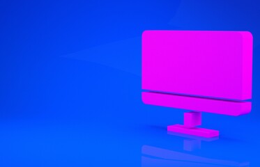 Pink Computer monitor screen icon isolated on blue background. Electronic device. Front view. Minimalism concept. 3d illustration. 3D render.