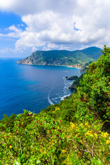 Obraz premium Monterosso - Village of Cinque Terre National Park at Coast of Italy. Province of La Spezia, Liguria, in the north of Italy - Travel destination for hiking and attraction in Europe.