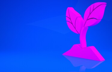 Pink Plant icon isolated on blue background. Seed and seedling. Leaves sign. Leaf nature. Minimalism concept. 3d illustration. 3D render.