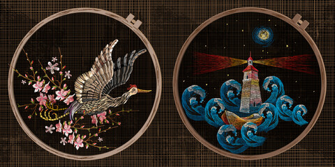Embroidery collection. pack of asian cranes flies over sea. Lighthouse in ocean. Japan style. Template tambour frame with a canvas, elements from stitches. Art for clothes