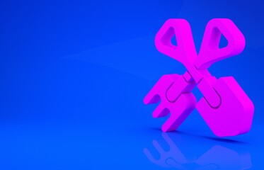 Pink Shovel and rake icon isolated on blue background. Tool for horticulture, agriculture, gardening, farming. Ground cultivator. Minimalism concept. 3d illustration. 3D render.