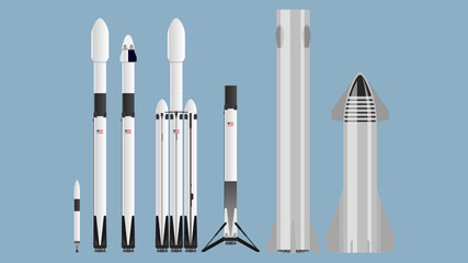SpaceX Rocket Set Falcon 1 Falcon 9 Starship - obrazy, fototapety, plakaty
