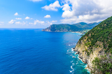 Fototapeta na wymiar Monterosso - Village of Cinque Terre National Park at Coast of Italy. Province of La Spezia, Liguria, in the north of Italy - Travel destination for hiking and attraction in Europe.