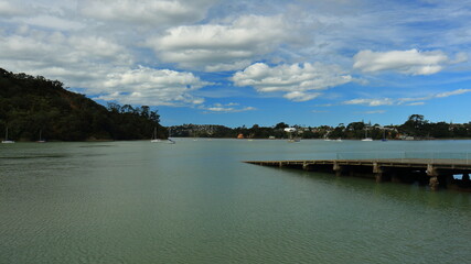 Scenic view of boat launch ramp and water near Hobsonville Ferry Terminal, Catalina Bay, Auckland, NZ