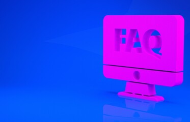 Pink Computer monitor and FAQ icon isolated on blue background. Adjusting, service, setting, maintenance, repair, fixing. Minimalism concept. 3d illustration. 3D render.