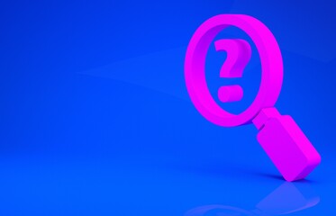 Pink Unknown search icon isolated on blue background. Magnifying glass and question mark. Minimalism concept. 3d illustration. 3D render.