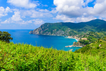 Fototapeta na wymiar Monterosso - Village of Cinque Terre National Park at Coast of Italy. Province of La Spezia, Liguria, in the north of Italy - Travel destination for hiking and attraction in Europe.