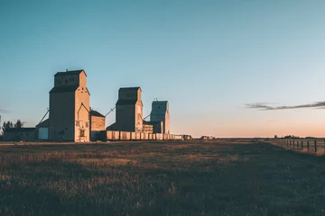 Foto op Plexiglas Grain silos and rail cars at sunrise on the prairies  © David