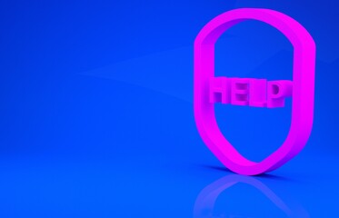 Pink Shield with text Help icon isolated on blue background. Guard sign. Security, safety, protection, privacy concept. Minimalism concept. 3d illustration. 3D render.