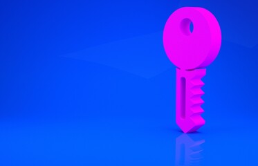 Pink House key icon isolated on blue background. Minimalism concept. 3d illustration. 3D render.
