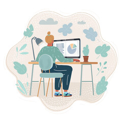 Illustration of woman sitting at desk and working. Rear view of professional.