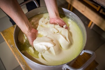 Process of homemade ossetian cheese preparation. Female hands in a bowl.