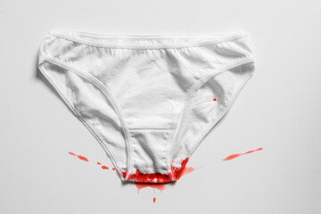 Menstrual fluid and women's underwear on white background, concept photo for women's or feminist...