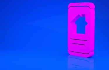 Pink Online real estate house on smartphone icon isolated on blue background. Home loan concept, rent, buy, buying a property. Minimalism concept. 3d illustration. 3D render.