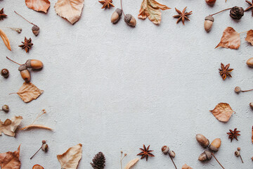 Autumn vibes. Frame made of dried leaves, acorns and pine cones on concrete background. Seasonal...