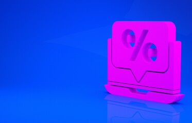 Pink Percent discount and laptop icon isolated on blue background. Sale percentage - price label, tag. Minimalism concept. 3d illustration. 3D render.