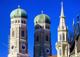 The top of the two towers of Frauenkirche (English: Cathedral of Our Dear Lady), a church in the Bavarian city of Munich, Germany.