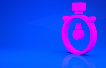 Pink Stopwatch icon isolated on blue background. Time timer sign. Chronometer sign. Minimalism concept. 3d illustration. 3D render.