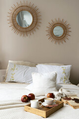 Autumn interior and still life. Pumpkins, apples, zucchini, autumn leaves and flowers. Background. Postcard. Flat lay.