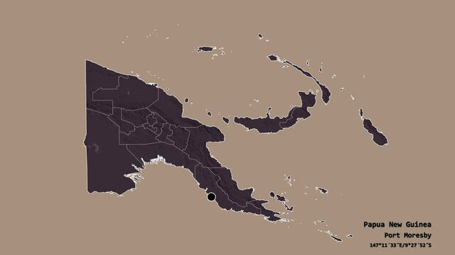 New Ireland, province of Papua New Guinea, with its capital, localized, outlined and zoomed with informative overlays on a administrative map in the Stereographic projection. Animation 3D