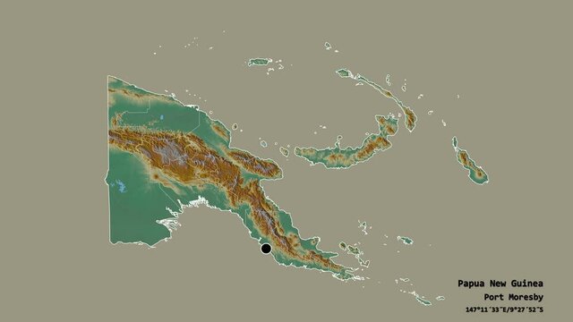 Morobe, province of Papua New Guinea, with its capital, localized, outlined and zoomed with informative overlays on a relief map in the Stereographic projection. Animation 3D