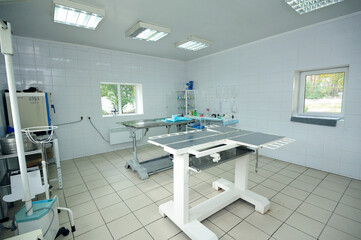 Med table, lamps and other medical equipment set at the veterinary office