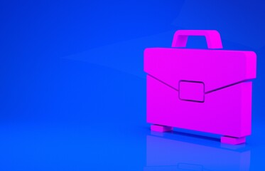 Pink Briefcase icon isolated on blue background. Business case sign. Business portfolio. Minimalism concept. 3d illustration. 3D render.