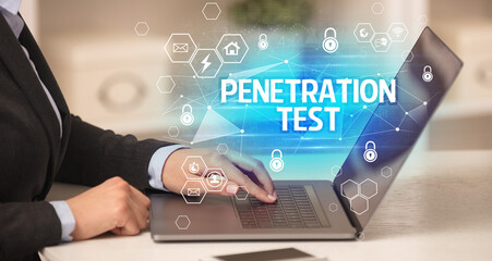 PENETRATION TEST inscription on laptop, internet security and data protection concept, blockchain...
