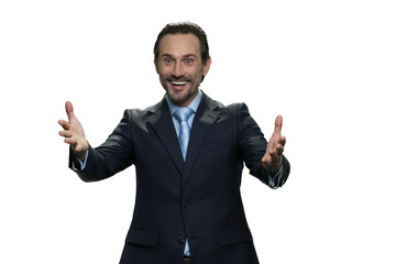 Portrait of a energetic middle-aged businessman. Successful boss isolated on white background.