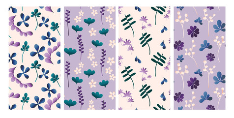 Set of seamless patterns floral on doodling  style