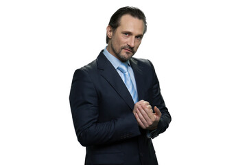 Thoughtful boss in suit. Portrait of handsome middle-aged man isolated on white background.