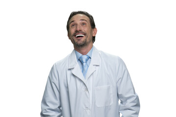 Portrait of excited middle-aged doctor. Joyful medic isolated on white background.