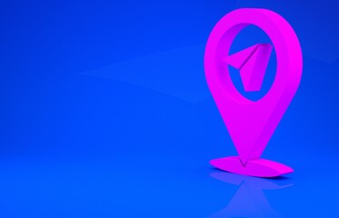 Pink Map pin icon isolated on blue background. Navigation, pointer, location, map, gps, direction, place, compass, search concept. Minimalism concept 3d illustration 3D render