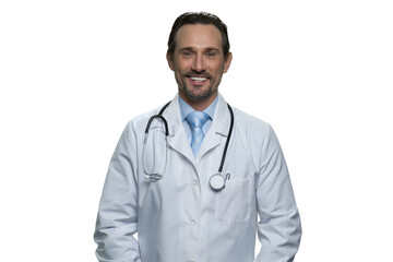 Fototapeta premium Portrait of middle-aged caucasian doctor with stethoscope. Smiling doctor isolated on white background.