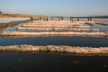 Men collecting soda ash in Lake Magadi, the southernmost lake in the Kenyan Rift Valley, north of Tanzania's Lake Natron.	