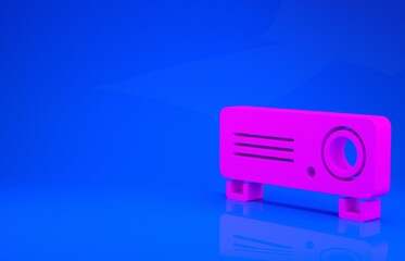 Pink Presentation, movie, film, media projector icon isolated on blue background. Minimalism concept. 3d illustration. 3D render.
