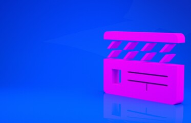 Pink Movie clapper icon isolated on blue background. Film clapper board. Clapperboard sign. Cinema production or media industry. Minimalism concept. 3d illustration. 3D render.
