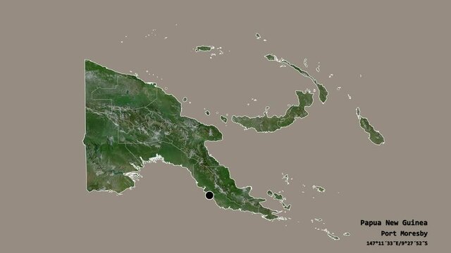 Eastern Highlands, province of Papua New Guinea, with its capital, localized, outlined and zoomed with informative overlays on a satellite map in the Stereographic projection. Animation 3D