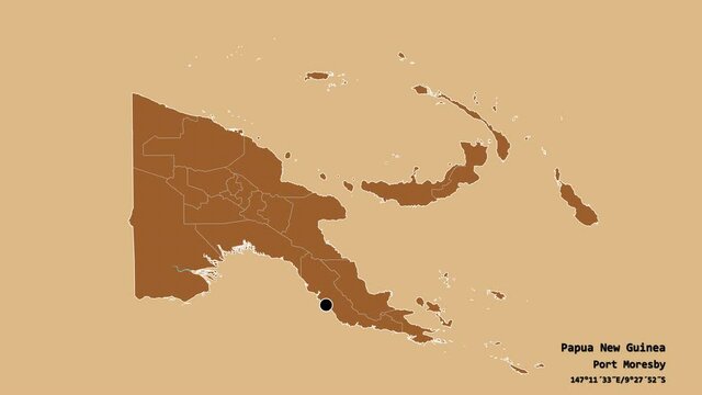 Eastern Highlands, province of Papua New Guinea, with its capital, localized, outlined and zoomed with informative overlays on a solid patterned map in the Stereographic projection. Animation 3D