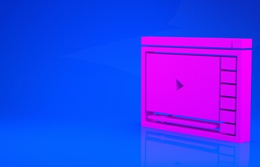 Pink Online play video icon isolated on blue background. Film strip with play sign. Minimalism concept. 3d illustration. 3D render.
