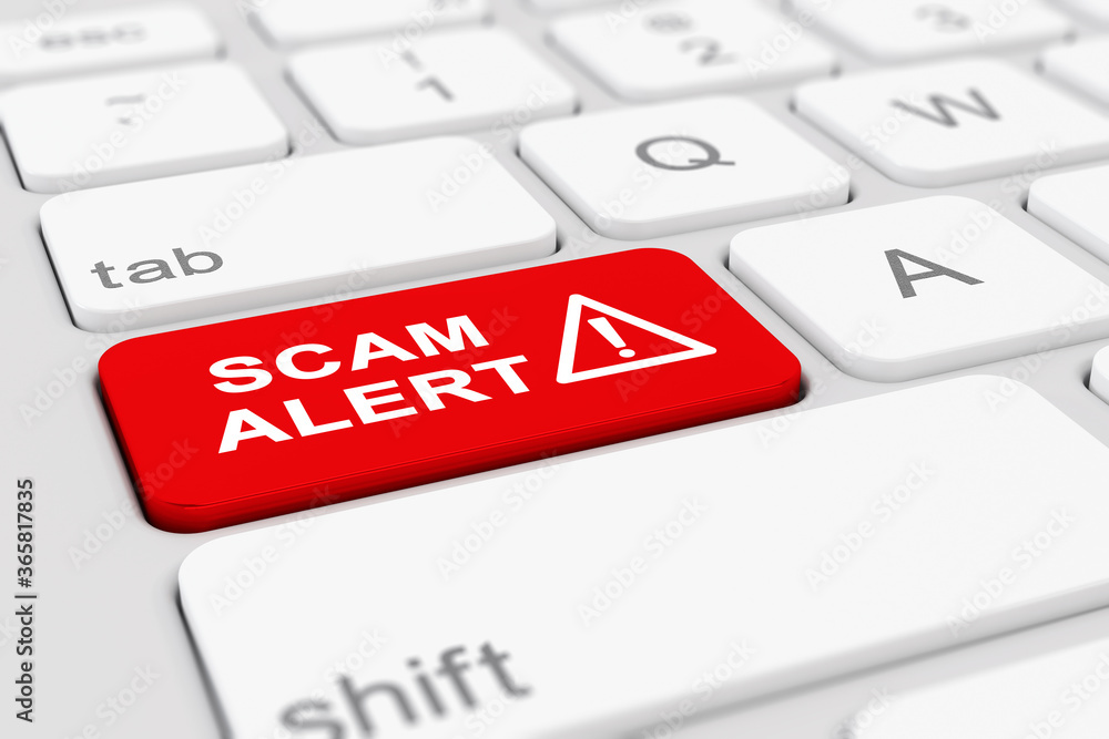 Poster 3d render of a keyboard with a red key - scam alert