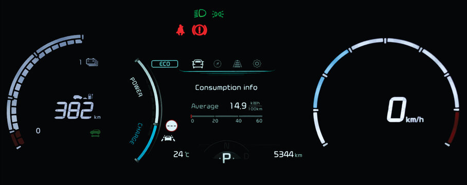 Vector illustration of illuminated car dashboard panel in full electric vehicle. Modern digital cluster with speedometer, odometer, average consumption info and battery range display. Close up shot.