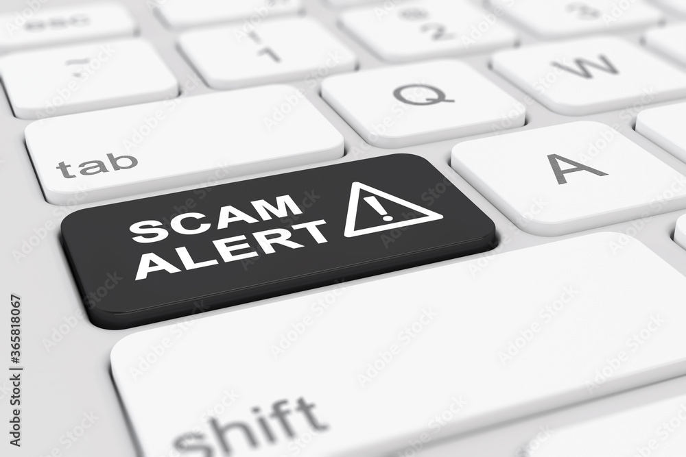 Poster 3d render of a keyboard with a black key - scam alert