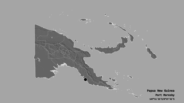 Chimbu, province of Papua New Guinea, with its capital, localized, outlined and zoomed with informative overlays on a bilevel map in the Stereographic projection. Animation 3D