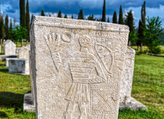 Medieval tombstones with bas relief known as stecak in Radimlja, Bosnia and Herzegovina.