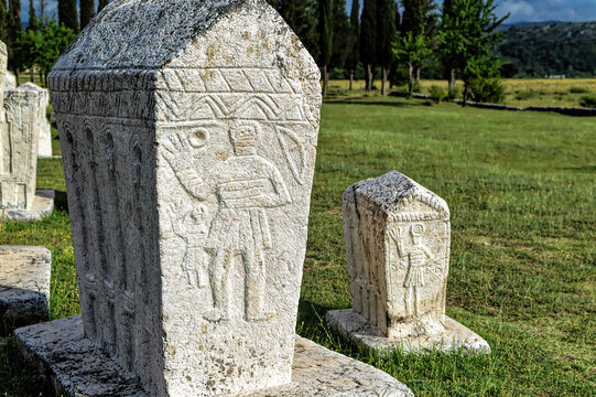 Medieval tombstones with bas relief known as stecak in Radimlja, Bosnia and Herzegovina.
