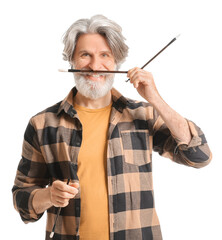 Funny senior calligraphist on white background