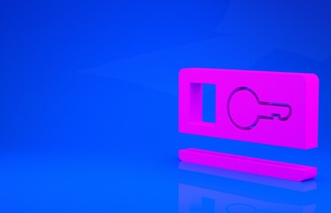 Pink Key card icon isolated on blue background. Minimalism concept. 3d illustration. 3D render.